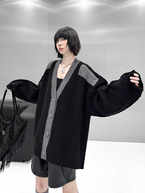 Buttoned Contrast Color Reversible Split-Joint Long Sleeves Loose Collarless Outerwear Cardigan Tops