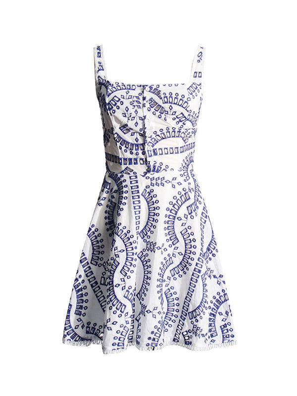 Buttoned Elasticity Hollow Solid Color High Waisted Loose Spaghetti-Neck Mini Dresses