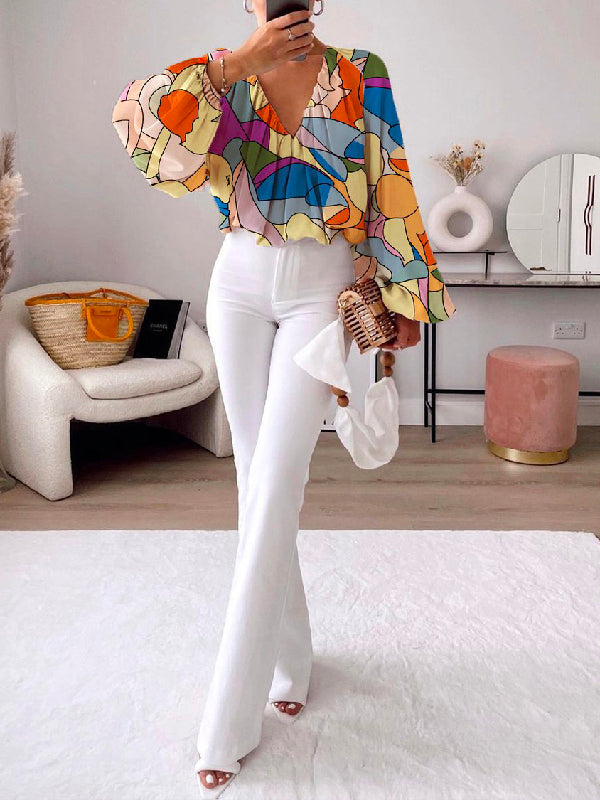 Loose Puff Sleeves Multi-Colored Printed Deep V-Neck Blouses&Shirts Tops