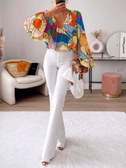 Loose Puff Sleeves Multi-Colored Printed Deep V-Neck Blouses&Shirts Tops