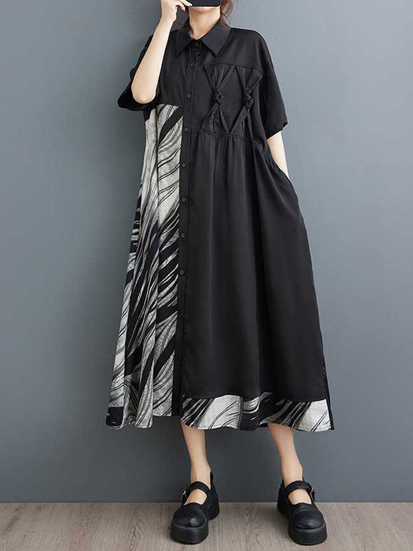 Asymmetric Buttoned Pockets Split-Joint A-Line Loose Lapel Shirt Dress Midi Dresses