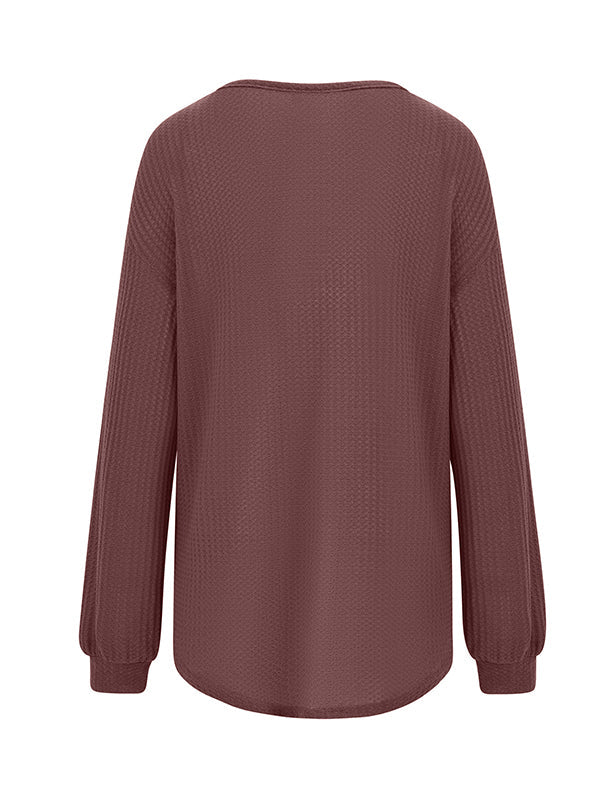 Pockets Solid Color Long Sleeves Loose V-Neck T-Shirts Tops
