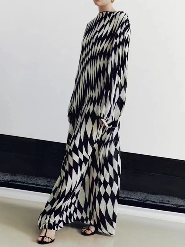 Long Sleeves Loose Diamond-Patterned Round-neck Maxi Dresses