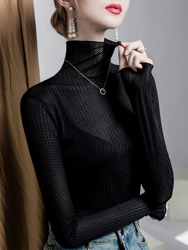 Mesh See-Through Slightly Sheer Split-Joint Long Sleeves Plus Size High Neck T-Shirts