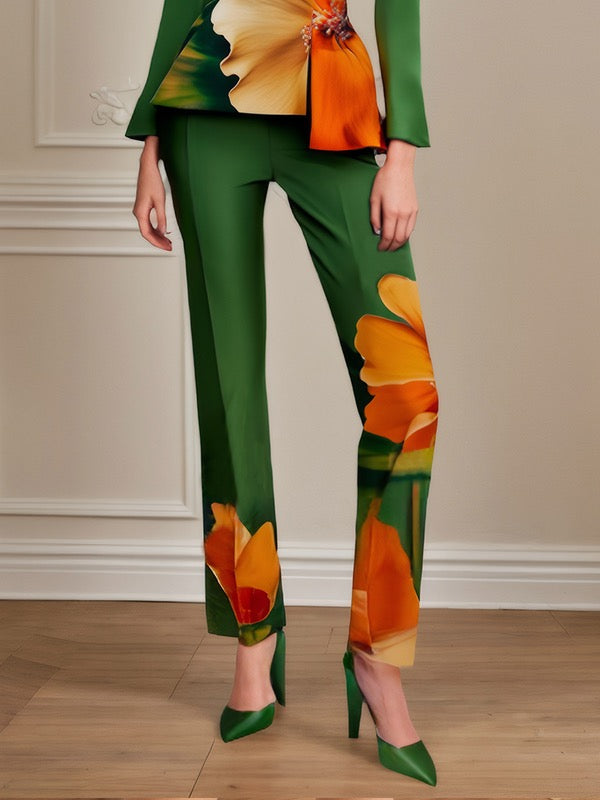 Flower Print Split-Joint High Waisted Trousers Pants