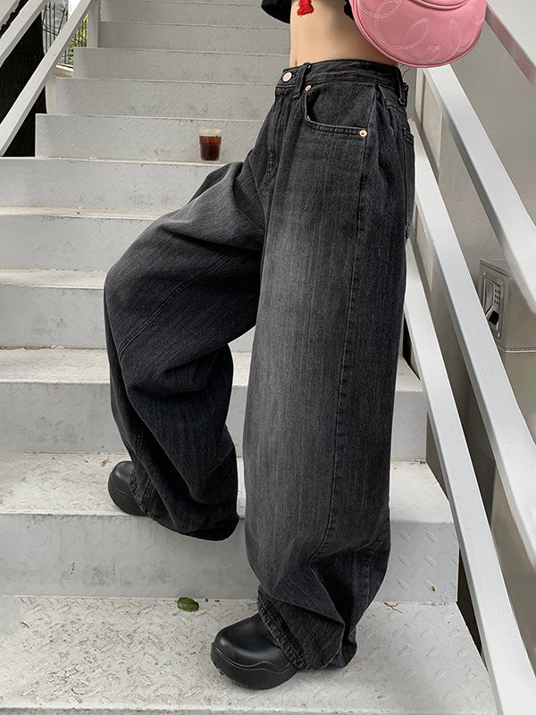 Pleated Split-Joint High Waisted Loose Jean Pants Bottoms