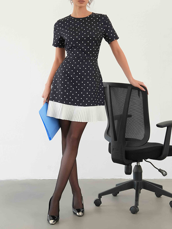Pleated Polka-Dot Split-Joint A-Line High Waisted Round-Neck Mini Dresses