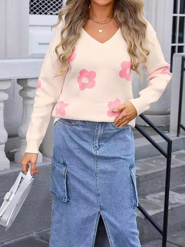 Knitted Flower Split-Joint Long Sleeves Loose V-Neck Sweater Tops Pullovers