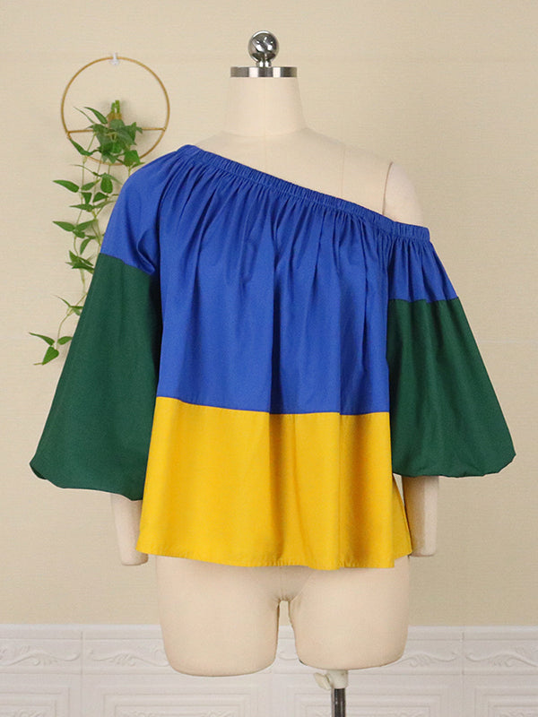Belted Color-Block Falbala Loose One-Shoulder Shirts Tops