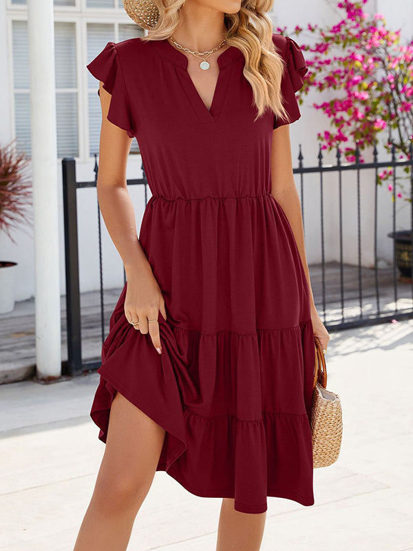 Pleated Pockets Solid Color Split-Joint Loose Ruffle Sleeves V-Neck Midi Dresses