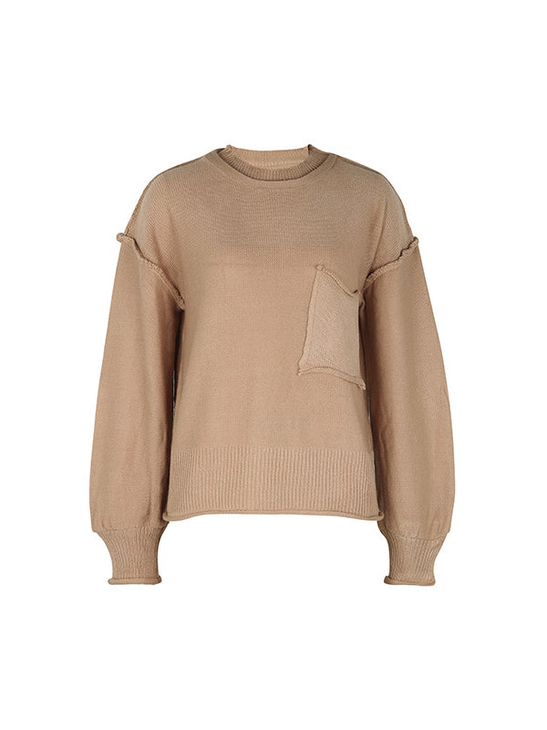 Pockets Solid Color Split-Joint Long Sleeves Loose Round-Neck Sweater Tops Pullovers