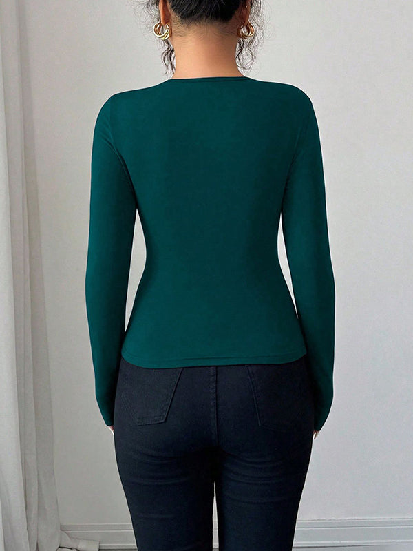 Solid Color Split-Joint Long Sleeves Skinny Asymmetric Collar T-Shirts