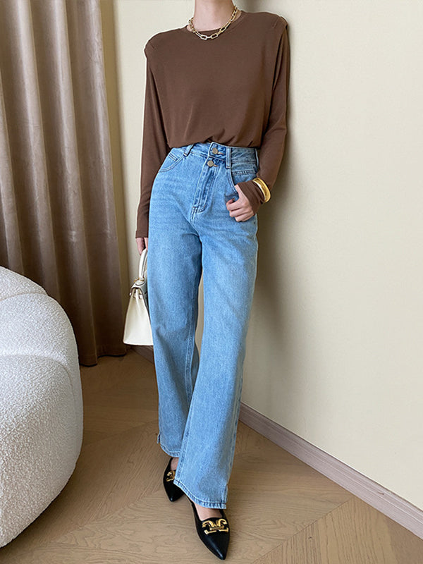 Solid Color Split-Joint Long Sleeves Round-Neck T-Shirts Tops
