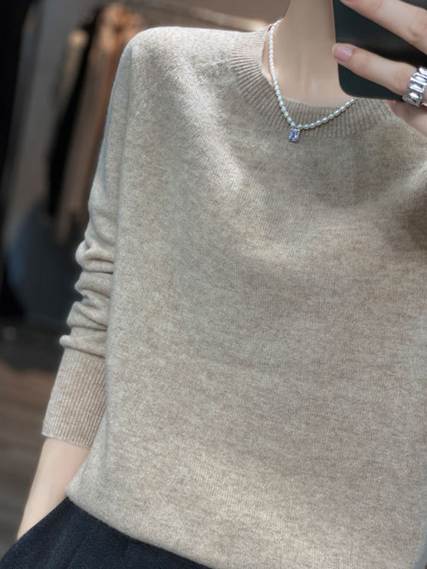 Elasticity Solid Color Long Sleeves Loose Round-Neck Sweater Pullovers Knitwear