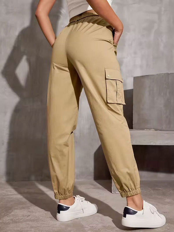 Elasticity Pockets Solid Color Split-Joint Tied Waist High Waisted Trousers Cargo Pants