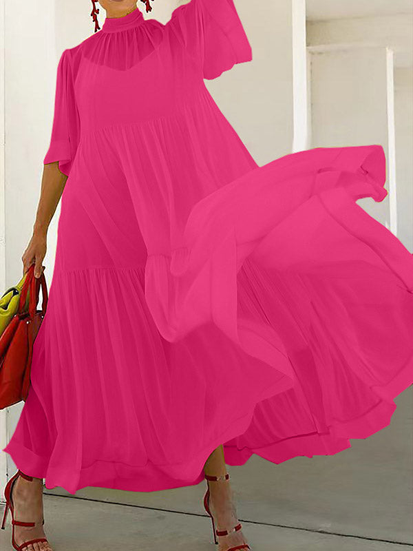 Loose Plus Size Mesh Pleated Solid Color Split-Joint Mock Neck Maxi Dresses Two Pieces Set