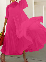 Solid Color Loose Plus Size Split-Joint Inner Dress + Mock Neck Mesh Pleated Outer Dress Two Pieces Set