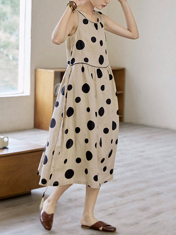 Contrast Color Pleated Polka-Dot Split-Joint Tied Waist Loose Sleeveless Round-Neck Midi Dresses