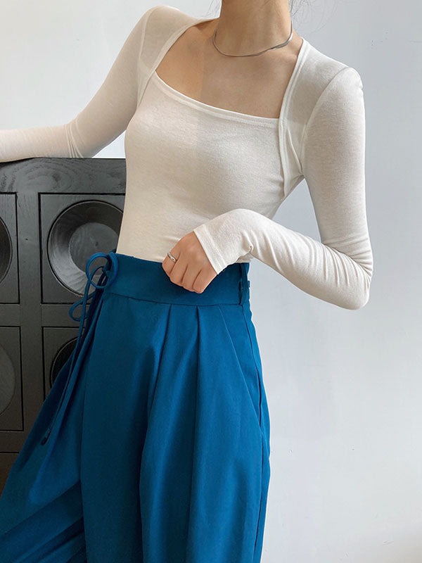 Solid Color Long Sleeves Skinny Square-neck T-Shirts Tops