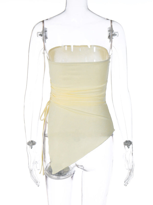 Asymmetric Drawstring See-Through Solid Color Split-Side Irregular Clipping Skinny Tube Vest Top