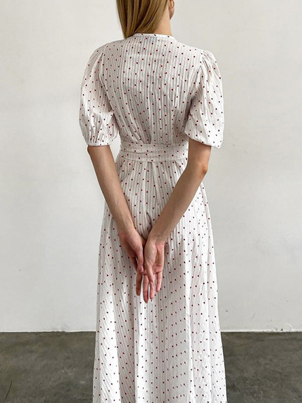 Elasticity Heart Print Jacquard Polka-Dot Split-Joint Tied Waist A-Line High Waisted V-Neck Midi Dresses