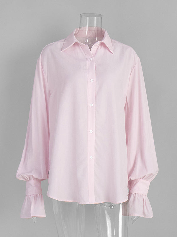 Pleated Solid Color Split-Joint Loose Puff Sleeves Lapel Blouses&shirts Tops