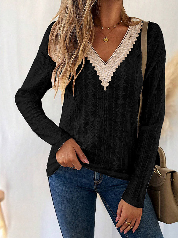 Hollow Jacquard Split-Joint Long Sleeves Loose V-Neck T-Shirts Tops