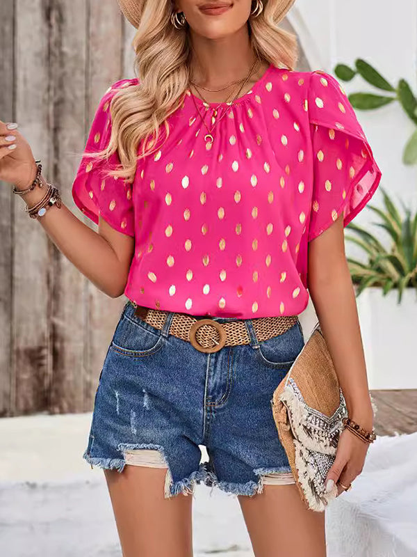 Bronzing Hollow Pleated Polka-Dot Loose Short Sleeves Round-Neck T-Shirts Tops