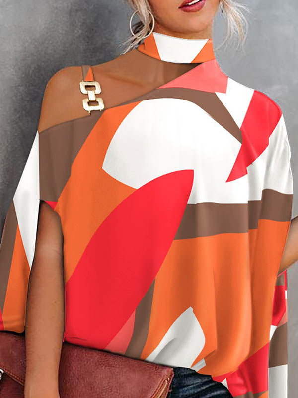 Asymmetric Chains Hollow Printed Batwing Sleeves Loose Asymmetric Collar T-Shirts Tops