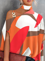 Asymmetric Chains Hollow Printed Batwing Sleeves Loose Asymmetric Collar T-Shirts Tops