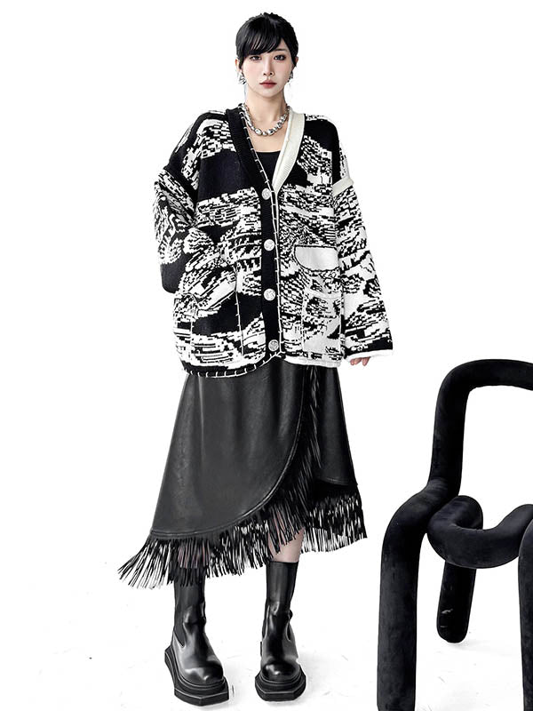 Abstract Printed Buttoned Contrast Color Pockets Split-Joint Long Sleeves Loose Collarless Outerwear Cardigan Tops