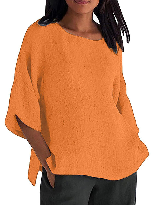 Solid Color Split-Joint Split-Side Linen Three-Quarter Sleeves Round-Neck T-Shirts Tops