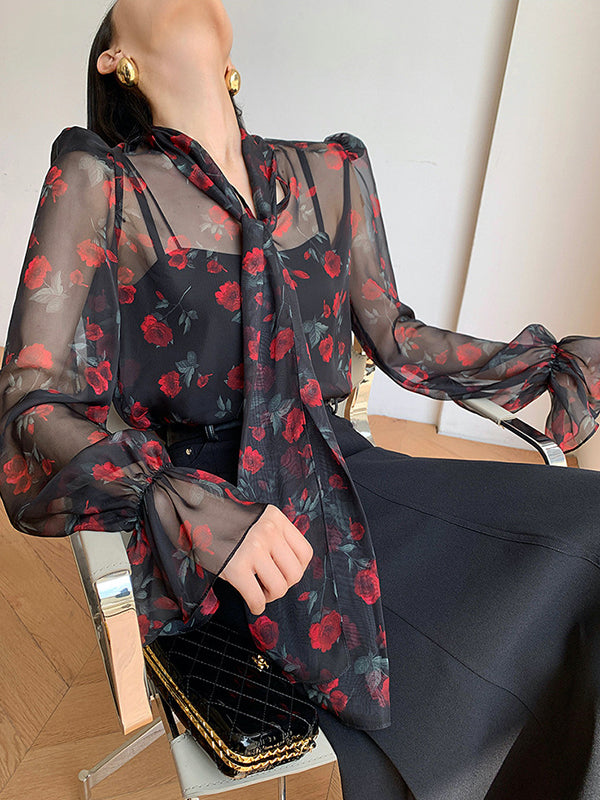 Elasticity Flower Print Mesh Tied Flared Sleeves Long Sleeves V-Neck Blouses&Shirts Tops