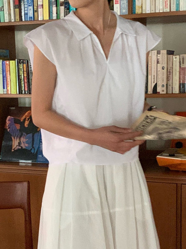 Solid Color Cap Sleeve Loose Lapel Blouses&Shirts Tops