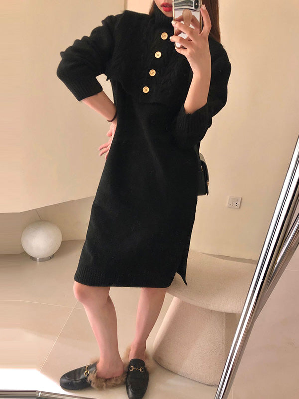 Original Stylish Buttoned Shawl High-Neck Long Sleeves Sweater Dress