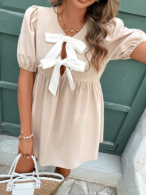 Bowknot Elasticity Pleated A-Line Loose Round-Neck Mini Dresses