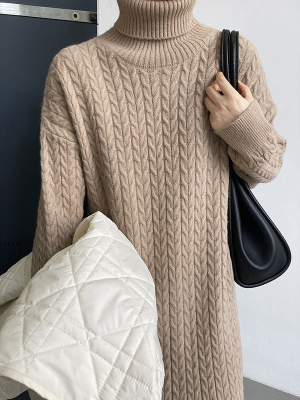 Stylish Loose Long Sleeves Solid Color High-Neck Twist Sweater Dresses