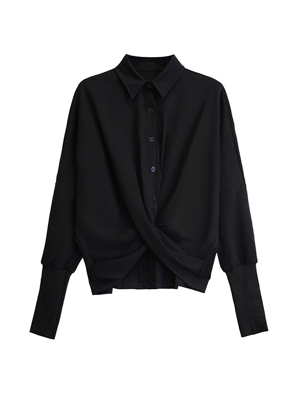 Buttoned Solid Color Twist Hipster Irregularity Lapel Collar Blouses&Shirts Tops