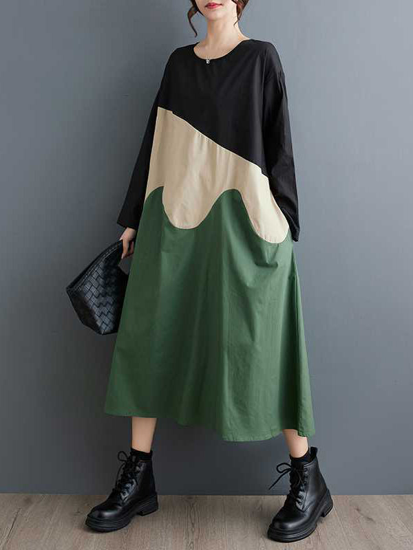 Contrast Color A-Line Long Sleeves Round-Neck Midi Dresses