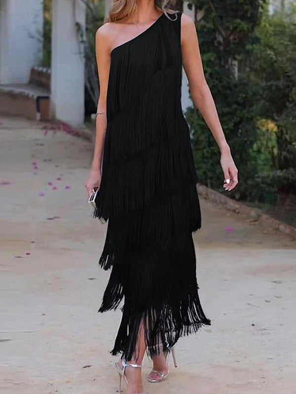 Asymmetric Solid Color Split-Joint Tasseled Loose Sleeveless One-Shoulder Maxi Dresses