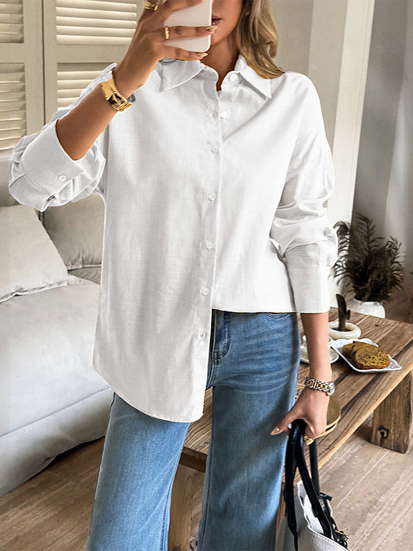 Buttoned Solid Color Long Sleeves Loose Lapel Blouses&shirts Tops