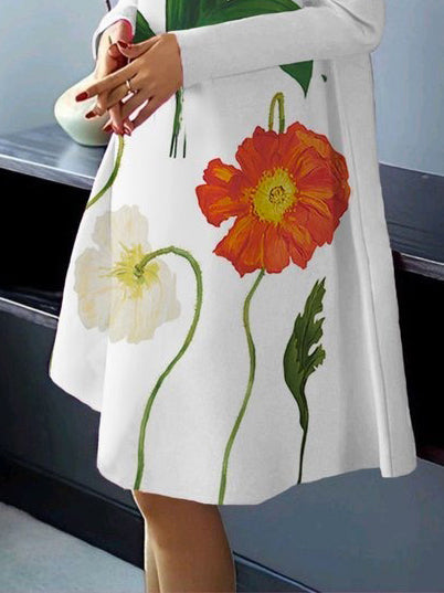 Flower Print Long Sleeves Loose High Neck Midi Dresses
