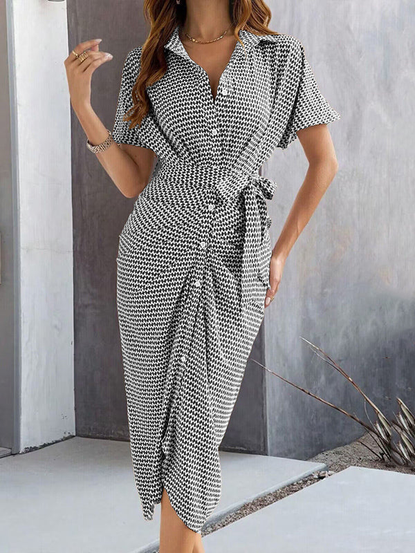 Buttoned Contrast Color Tied Waist Bodycon Half Sleeves Lapel Midi Dresses
