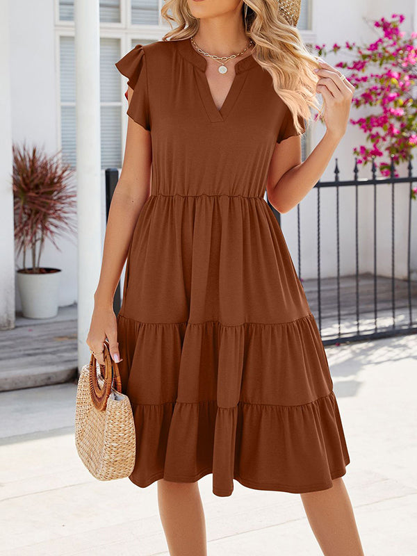 Pleated Pockets Solid Color Split-Joint Loose Ruffle Sleeves V-Neck Midi Dresses