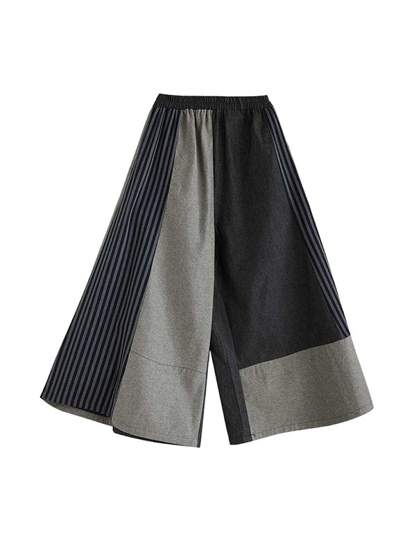 Elasticity Pockets Split-Joint Striped High Waisted Loose Trousers Pants