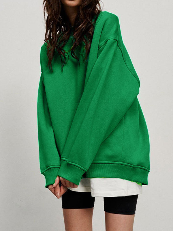 Solid Color Long Sleeves Loose Round-Neck Sweatshirt Tops