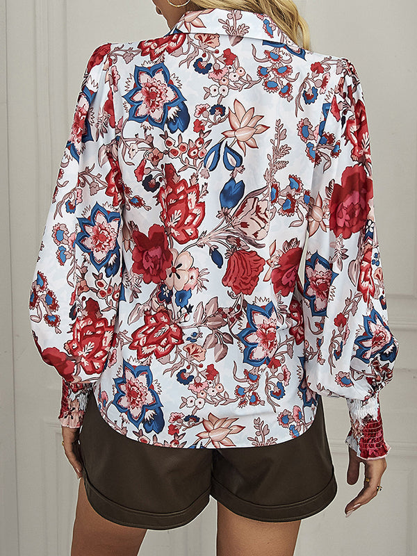 Buttoned Elasticity Flower Print Long Sleeves Loose Lapel Blouses&Shirts Tops