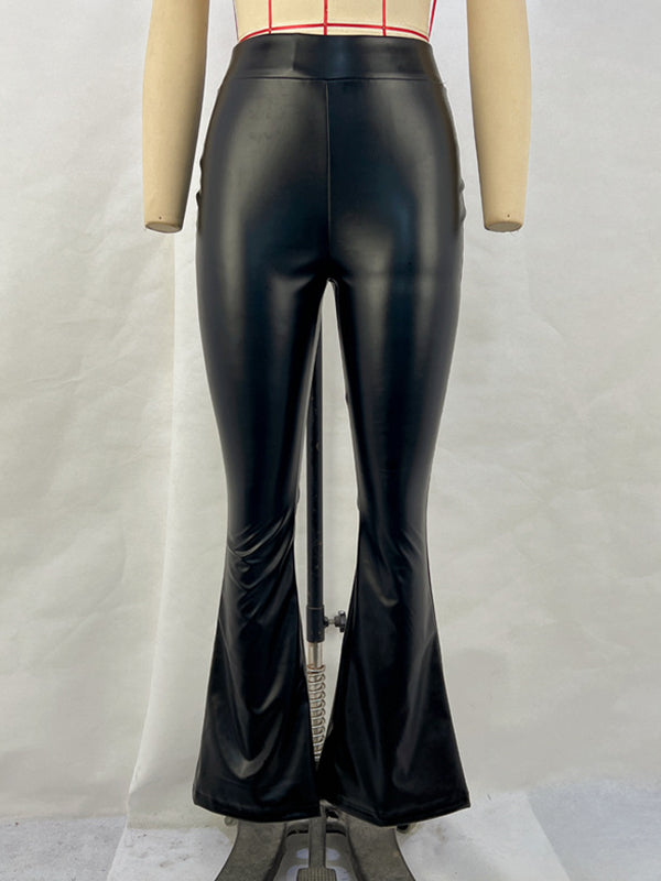 Shiny Solid Color High Waisted Pants Flared Trousers
