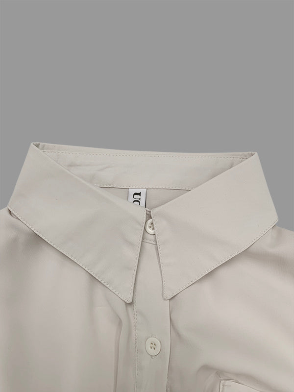 Buttoned Drawstring Pleated Pockets Solid Color High-Low Long Sleeves Lapel Midi Dresses