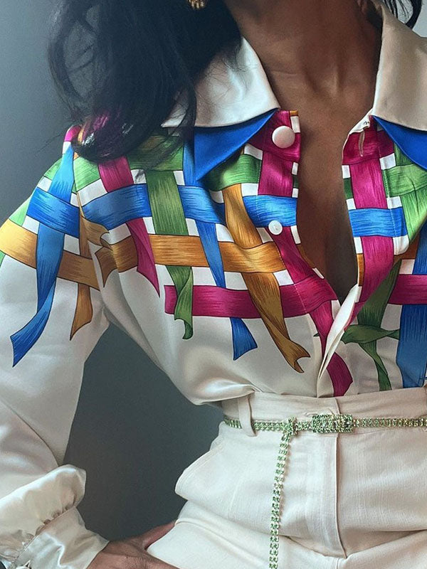 Buttoned Printed Rainbow Plaid Long Sleeves Loose Lapel Collar Blouses&Shirts Tops